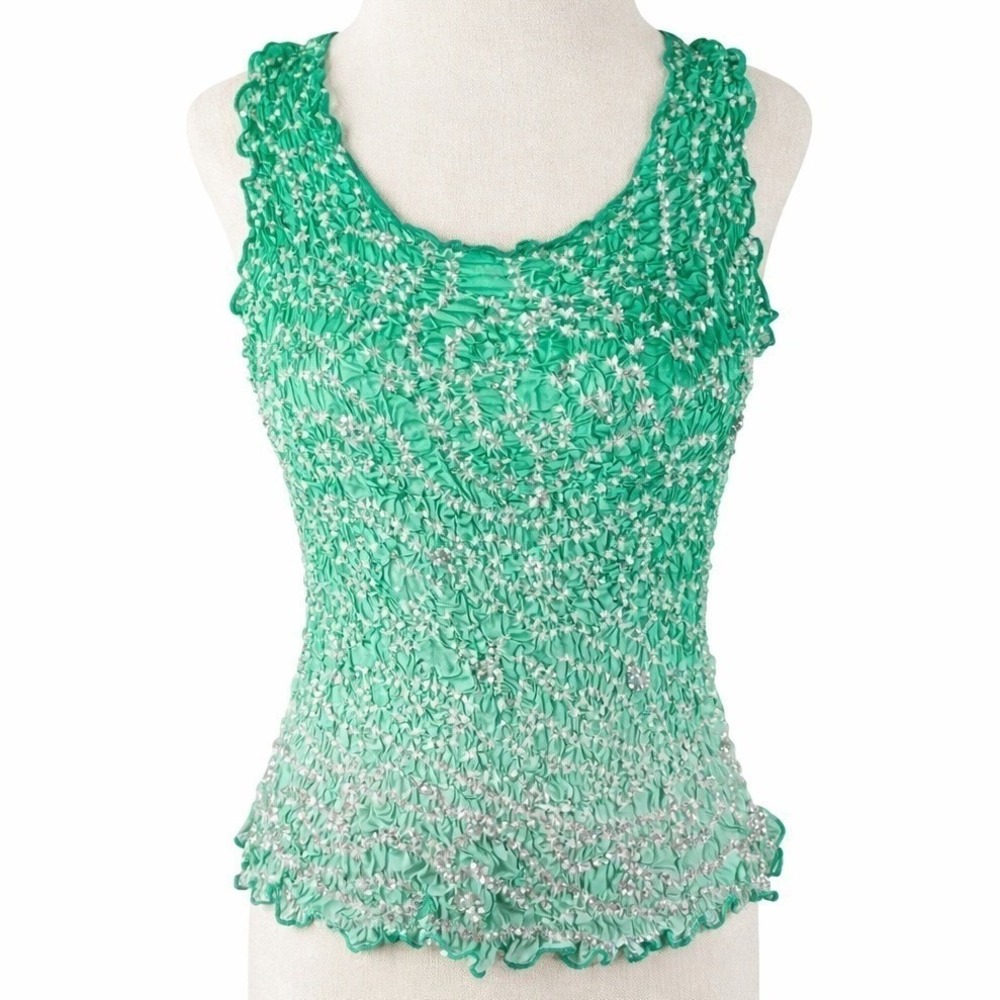 Chaudry KC Silk Sequin Tank Top Womens Small Green Boho Y2K NWT Deadstock